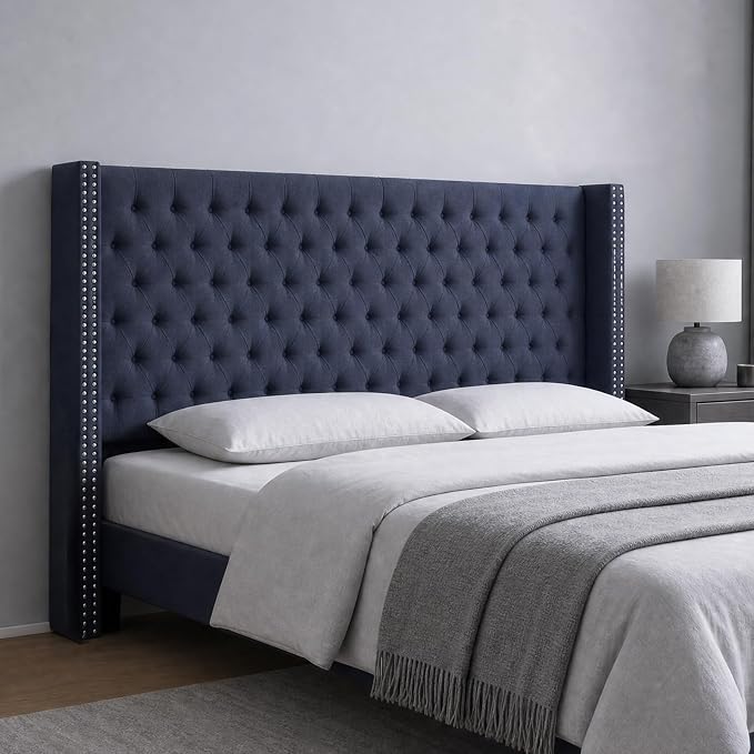 Madison Park King Wingback Upholstered Tufted Headboard, Featuring High-Density Sponge Padding, Adjustable Height Headboard, Easy Assembly, Navy