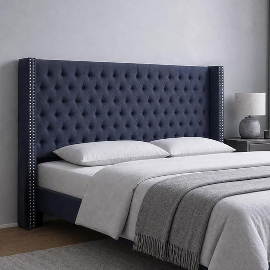 Madison Park King Wingback Upholstered Tufted Headboard, Featuring High-Density Sponge Padding, Adjustable Height Headboard, Easy Assembly, Navy