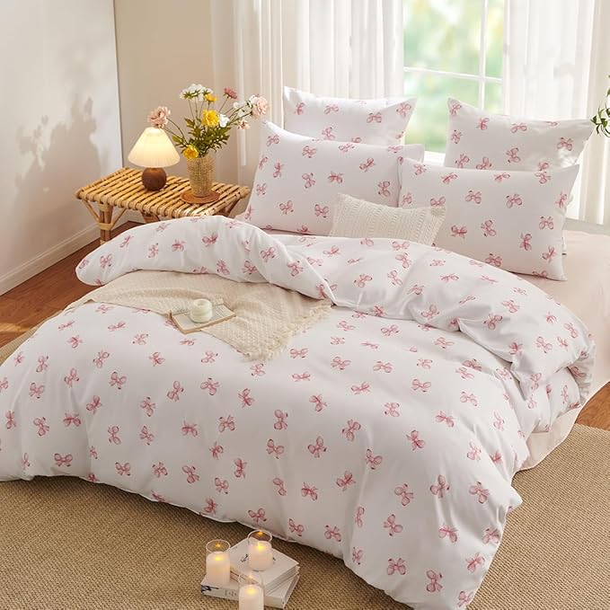 White Comforter Set Full Size - Pink Bow Quilt Bedding Set 3 Pieces, Comforter Set Full, Soft & Lightweight Comforter(79‘’ x 90‘’) for Girl All Season & 2 Pillowcases(30‘’x20‘’)