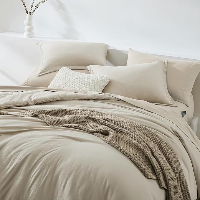 WRENSONGE King Size Comforter Set, 7 Pieces Soft Light Oatmeal Bed in a Bag King with Fitted Sheet, Flat Sheet, 2 Pillow Shams, and 2 Pillowcases- Warm Bedding Set for All Season