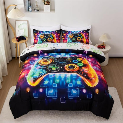 Aimuan Gamer Gaming Bedding Sets 3D Gamepad Comforter Sets for Boys Games Console Action Buttons Novelty Colorful Game Controller Modern Room Decor Home Quilt Set (Black-Blue, Full)