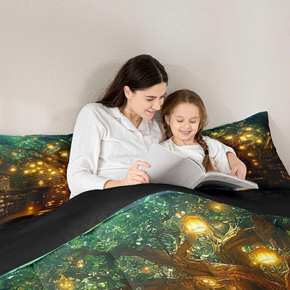 Castle Fairy Magical Mysterious Style Twin Size Comforter Set,Bookshelf Bookcase Quilt Set Soft Bed Collection,Modern Building Trees Bedding Comforter for Boys Girls Room Decor,2 Pcs