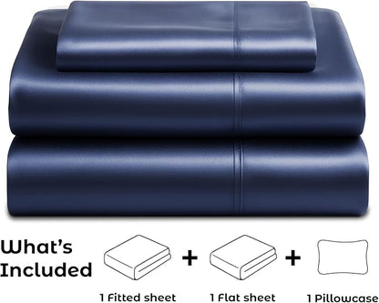 Pure Bedding Satin Sheets Twin Hotel Luxury Silky Bed Sheets - Extra Soft 1800 Microfiber Sheet Set, Wrinkle, Stain Resistant - Deep Pocket Fitted Flat Sheet, Pillow Cases (3-Piece, Midnight Blue)