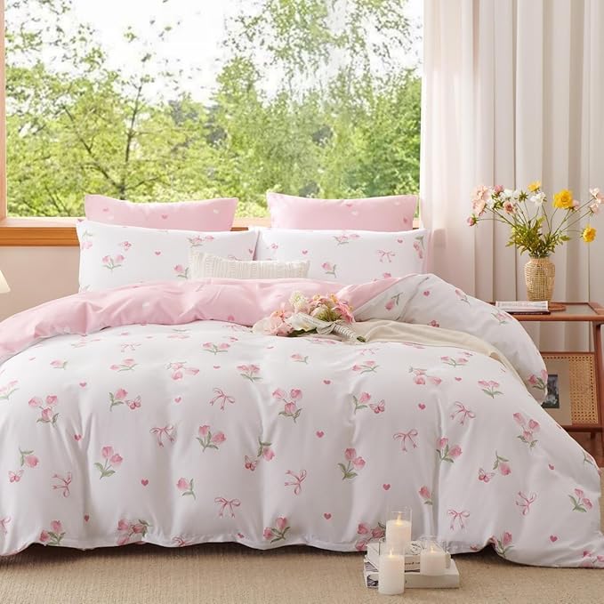 Floral Comforter Set Full Size - 3 Pieces Pink White Floral Tulips Bow Comforter Bedding Sets Reversible Pattern,Full Bed in a Bag with Flowers Comforter and 2 Pillowcases