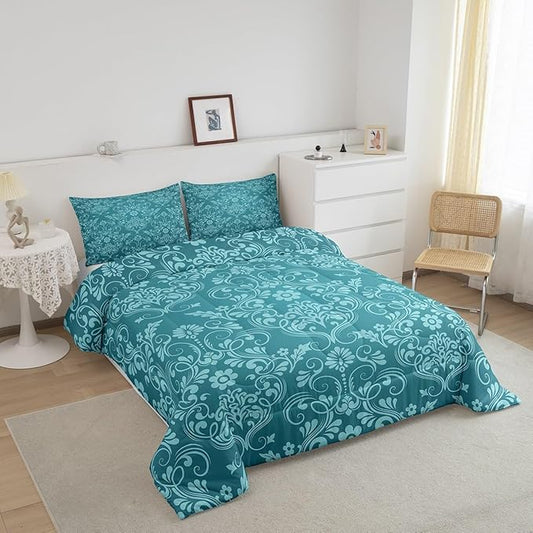 Feelyou Adults Teal Vintage Damask Floral Comforter Set Oriental Antique Comforter Twin Size Gothic Bohemia Boho Flower Bedding Set Bohemian Exotic Duvet Set Quilt Set 2Pcs