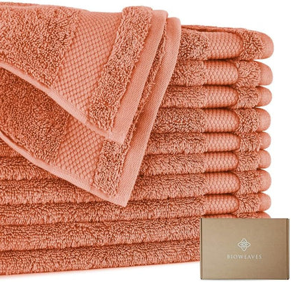BIOWEAVES 100% Organic Cotton 700 GSM Plush Premium Washcloths 13" x 13" GOTS Certified, Face Towels Perfect for Home & Bathroom - Burnt Orange, Pack of 12