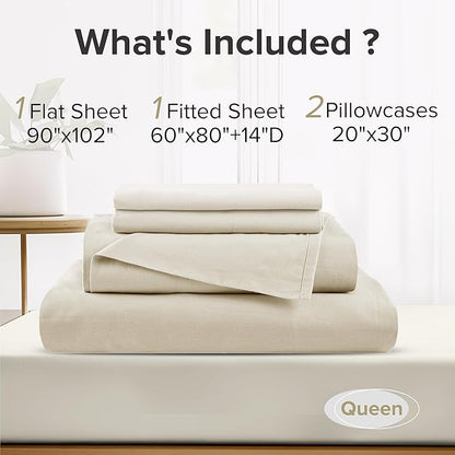 Comfort Spaces 100% Cotton Sheets Queen, Breathable & Ultra Soft Cotton Sheets, Naturally Cool Cotton Bed Sheets with 14" Elastic Pocket Fits up to 16" Mattress, All Seasons Sheet Set, Cream 4 Piece