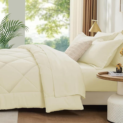 FUANNA 7 Pieces Queen Comforter Set, All Season Bed in a Bag Queen Size, Luxury Soft Bedding Sets with Comforter, Flat Sheet, Fitted Sheet, Pillowcases & Pillow Shams, Cream White