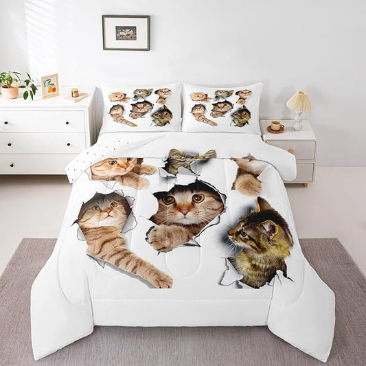 Erosebridal 3D Kitten Bedding Set Twin Size Kawaii Cats Comforter Set for Kids Men Women Paw Cute Pet Animal White Orange Comforter Warm Soft Quilt Insert
