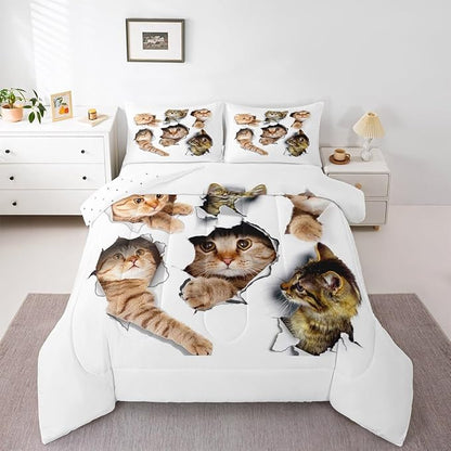 Erosebridal 3D Kitten Bedding Set Queen Size Kawaii Cats Comforter Set for Kids Men Women Paw Cute Pet Animal White Orange Comforter Warm Soft Quilt Insert
