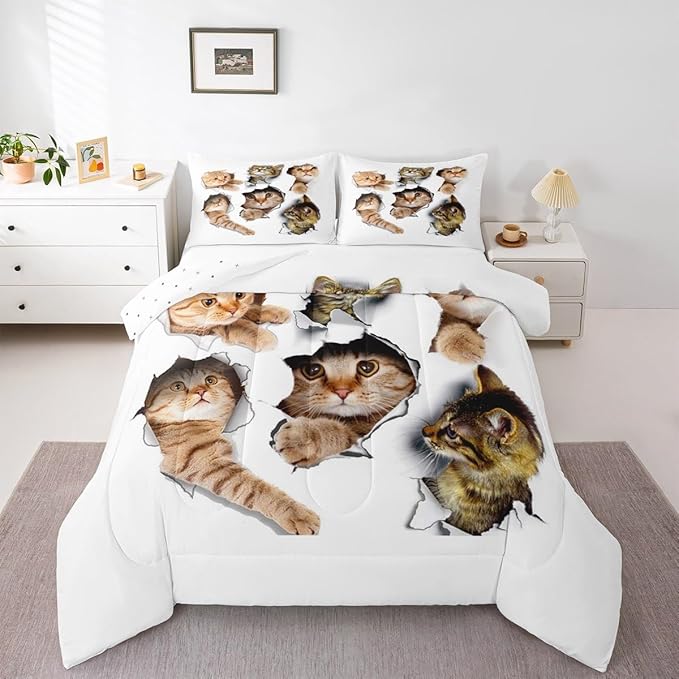 Erosebridal 3D Kitten Bedding Set Toddler Size Kawaii Cats Comforter Set for Kids Men Women Paw Cute Pet Animal White Orange Comforter Warm Soft Quilt Insert