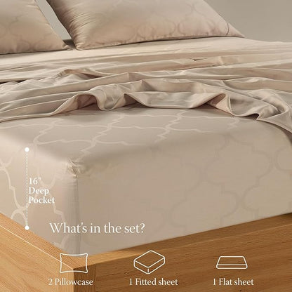 300 Thread Count Jacquard Tradition Light Beige Queen Sheets - 100% Cotton Breathable Silky Soft Damask Sheets - 3 Pc Bed Sheet Set Elasticized Deep Pockets - Wrinkle Free Bedding Sheets by Threadmill
