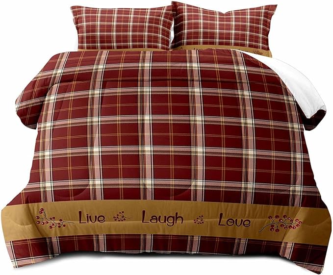 LUVIVIHOME 3PCS Red Gingham Comforter Set Queen Size, Red Berry Check Bed Set, Grid Checkered Quilt, Farmhouse Bedding, Check Primitive Country Rustic Vintage Buffalo Plaid Comforter, 2 Pillow Shams