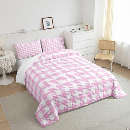Manfei Pink Plaid Comforter Set Buffalo Check Plaid Bedding Set Classic Gingham Pattern Bedding Home Decor Pink White Scottish Comforter King Size Quilted Duvet Set 1 Comforter with 2 Pillowcase