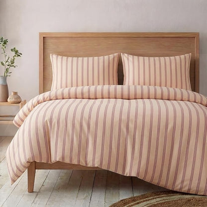 Bedbay 100% Cotton Striped Duvet Cover Set Queen Size, Warm Apricot Bedding Set, 100% Cotton Sateen, Silky Soft Cozy 3 Piece Duvet Cover for All Seasons