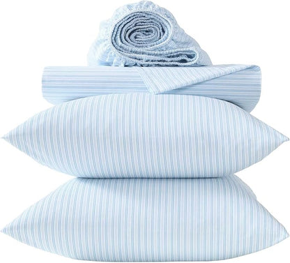 Laura Ashley - Full Sheet Set, Crisp & Cool Cotton Percale Bed Sheets, Deep Pockets, Striped Bedding with Matching Fitted Sheet & Pillowcases (Bedford Skinny Stripe Blue)