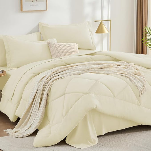 FUANNA 7 Pieces King Size Comforter Set, All Season Bed in a Bag King Size, Luxury Soft Bedding Sets with Comforter, Flat Sheet, Fitted Sheet, Pillowcases & Pillow Shams, Cream White