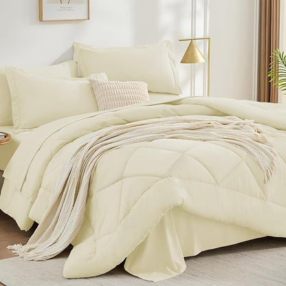 FUANNA 7 Pieces Full Size Comforter Sets, All Season Bedding Sets Full Size, Luxury Soft Bed in a Bag with Comforter, Flat Sheet, Fitted Sheet, Pillowcases & Pillow Shams, Cream White