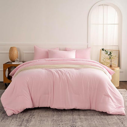 Pink Comforter Set Queen 3 Pieces Soft Bedding Bright Comforter Queen Light Pink Style Lightweight Comforter Set for All Seasons 1 Comforter and 2 Pillowcases