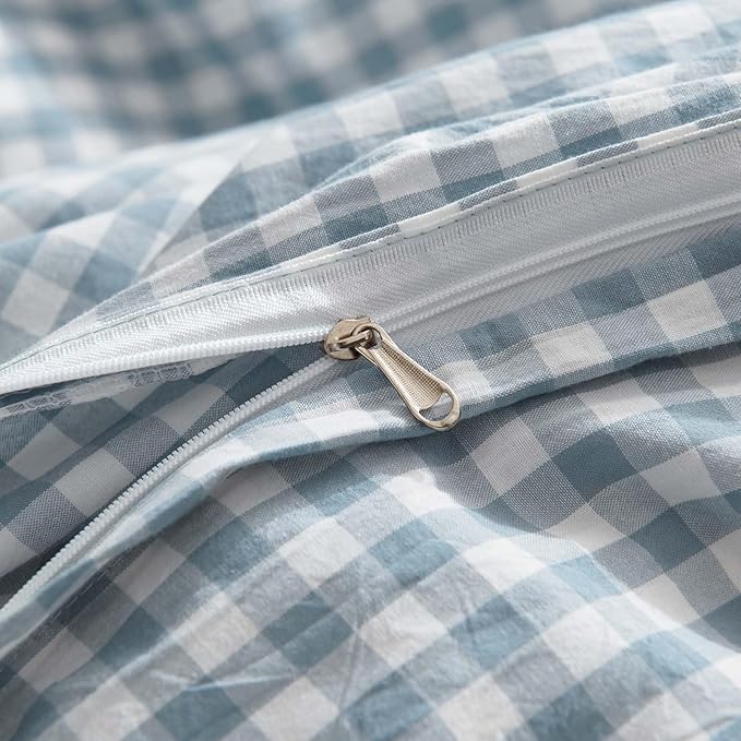 Nayoroom Gingham Duvet Cover Queen Size 100% Washed Cotton Blue Plaid Checkered Comforter Cover 3 Pcs Soft Breathable Grid Farmhouse Dorm Bedding Set for All Seasons