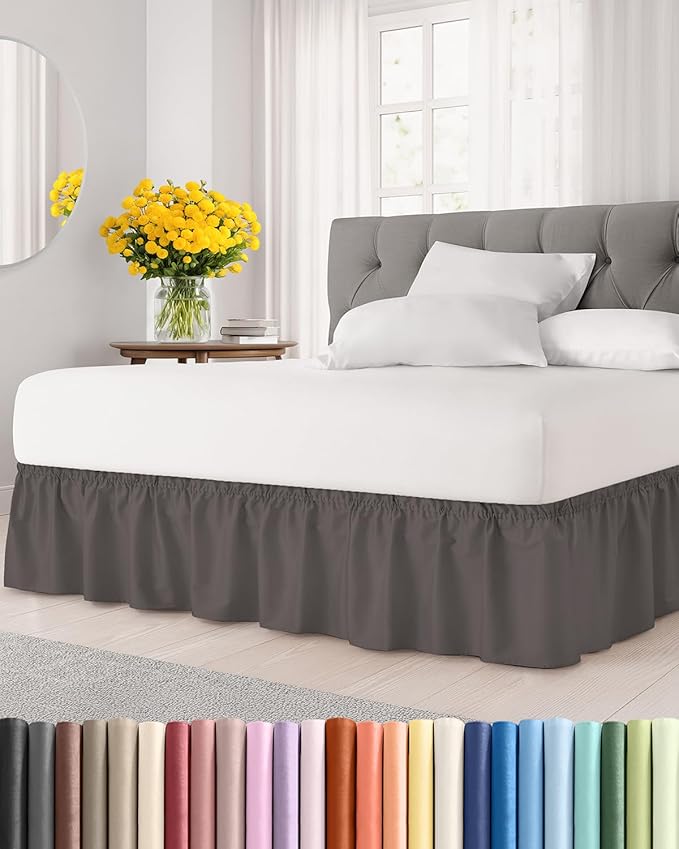 Wrap Around Dust Ruffle Bed Skirt - Dark Grey - Twin/Twin XL Size Beds with 18 Inch Drop - Elastic Strap - Adjustable Pleated Bedskirt with Brushed Fabric and Wrinkle Free - Women, Men, Kids & Teens