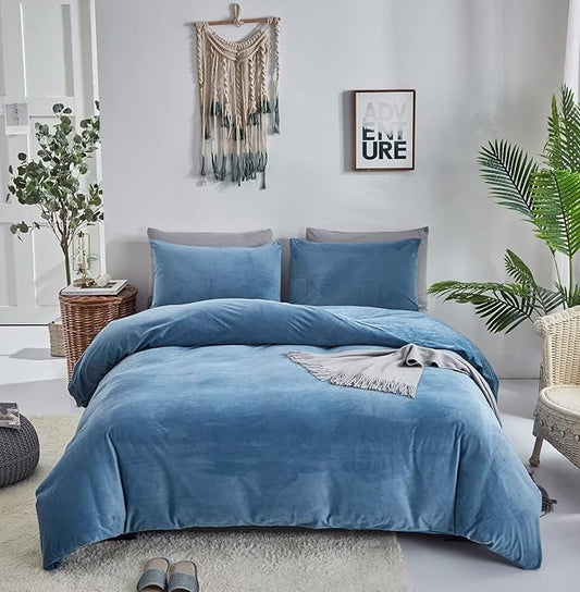 Houseri Velvet Blue Comforter Set Queen Light Bedding Fluffy Dusty Flannel Sets Furry Lake Sherpa Comforters Warm Fuzzy Blanket Queen(90''*90''-Comforter)