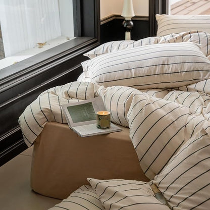 LifeTB Striped Duvet Cover Set Queen 100% Washed Cotton Beige Duvet Cover with Grey Stripes Pattern Printed Comforter Cover 3 Pieces Striped Bedding Queen Comforter Cover with Zipper Closure