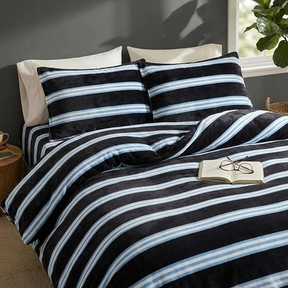 Bedbay Striped Comforter Set Fluffy Fleece King Comforter Set Soft Warm Flannel Velvet Comforter 3 Pcs Blue Black Striped Bedding Set Modern Stripes Pattern King Bed Set for All Seasons