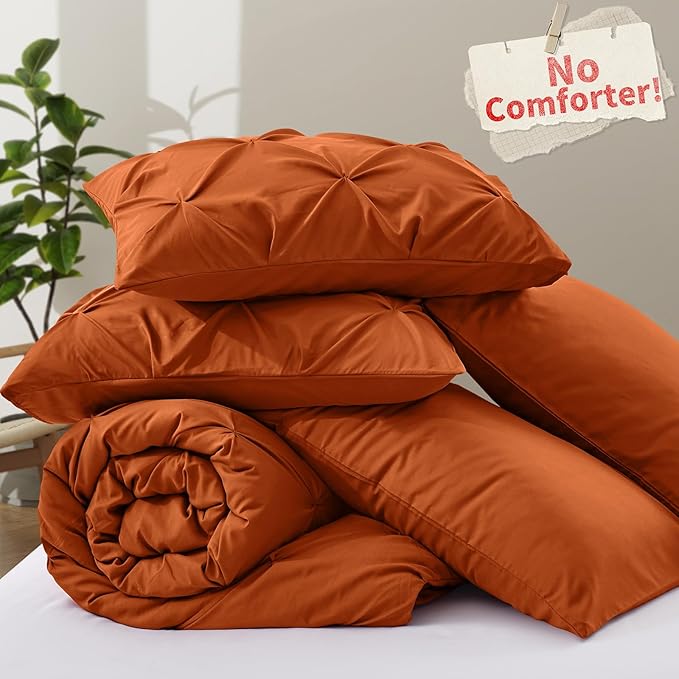 VACVELT 5 Piece Pinch Pleated Duvet Cover Full/Queen Size Set, Burnt Orange Pintuck Duvet Cover with Zipper & 8 Ties, Shabby Chic Microfiber Duvet Cover + 2 Pillow Shams + 2 Pillowcases, No Comforter