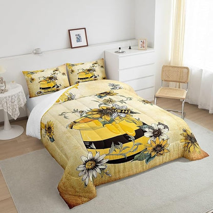 Erosebridal Yellow Bee Bedding Set,Sweet Honey Can Comforter Set for Teens Adult Women,Gerbera Floral Duvet Set 3Pcs with 2 Pillow Cases,Vintage Cartoon Microfiber Down Comforter,King Size