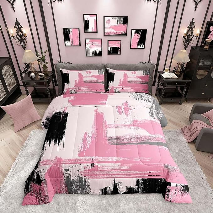 Erosebridal Abstract Pink Comforter Set Toddler Size Girly Black and Pink Comforter Set for Teens Girls Kids Geometric Modern Bedding Sets Minimalists Modern Striped Art Bed Sets for Women Men