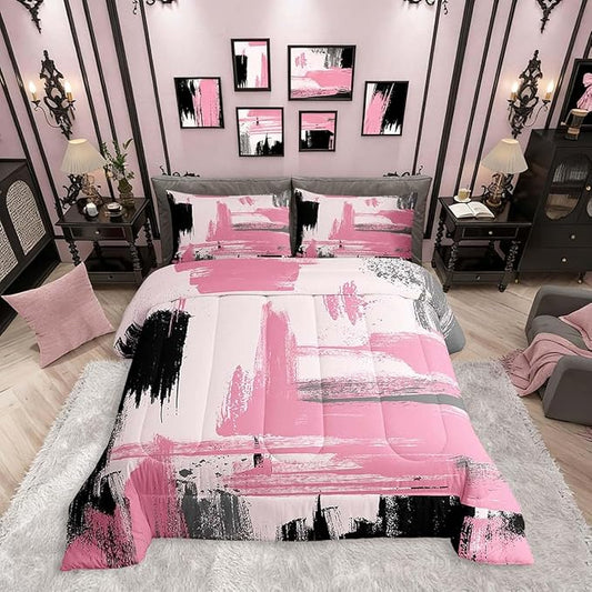 Erosebridal Abstract Pink Comforter Set Toddler Size Girly Black and Pink Comforter Set for Teens Girls Kids Geometric Modern Bedding Sets Minimalists Modern Striped Art Bed Sets for Women Men