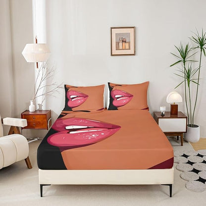 Erosebridal Black Girls Pink Fitted Sheet for Kids African Black Women Queen Bedding Set Vogue Fashion Gorgeous Bed Sheets for Girls Women Teens Minimalist Romantic Makeup Sheets with 2 Pillow Cases