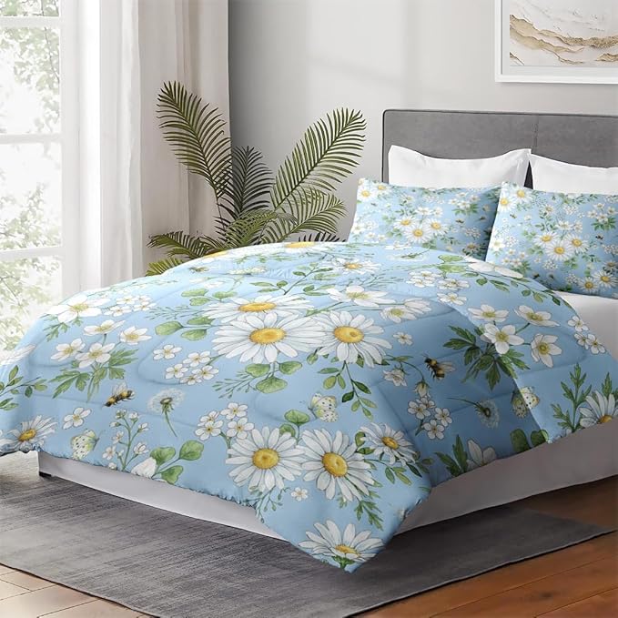 King Size Comforter Set with 2 Pillowcases, Wildflower Daisy Flower Floral Soft 3 Pcs Bedding for Kids and Adults Bedroom Bed Decor