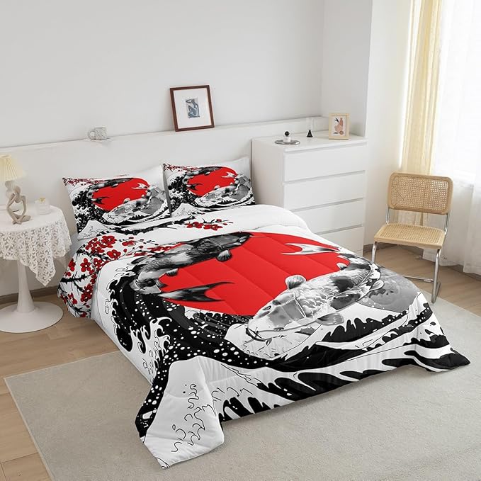 Mount Fuji Quilt Japanese Style Koi Fish Duvet Insert Ukiyo-E Theme Comforter Set Mountain Cherry Blossom Red Sun Ink Painting Down Comforter 3 Pieces with 2 Pillow Cases, King Size Black White