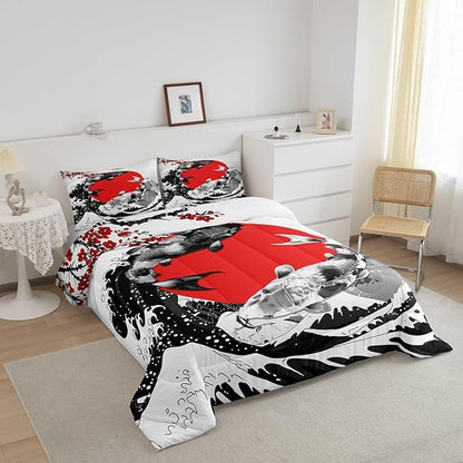Mount Fuji Quilt Japanese Style Koi Fish Duvet Insert Ukiyo-E Theme Comforter Set Mountain Cherry Blossom Red Sun Ink Painting Down Comforter 3 Pieces with 2 Pillow Cases, King Size Black White