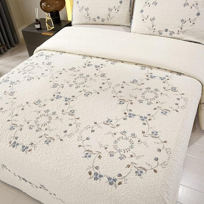 vctops 3-Piece 100% Cotton Bedspread Coverlet Set Twin Size Elegant Floral Embroidered Reversible Patchwork 1 Quilt and 2 Pillow Shams (Flower B,Twin)