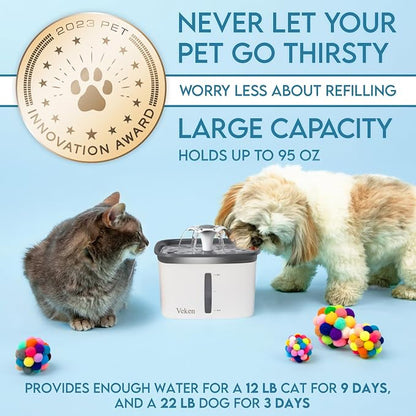 Veken Innovation Award Winner 95oz/2.8L Cat Water Fountain | Automatic Pet Fountain Dog Water Dispenser with 6 Replacement Filters & Silicone Mat for Cats, Dogs, Multiple Pets (Grey)