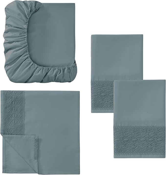 Modern Threads 4 Piece Microfiber Sheet Set – Soft Cooling Bed Sheets with Crochet Lace – Deep Pocket, Wrinkle Free, Breathable, Hotel Luxury Bedding, Slate Teal, Full