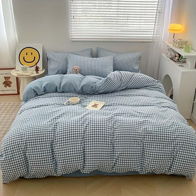 Nayoroom Blue Gingham Duvet Cover King Size Reversible Plaid Checkered Comforter Cover Grid Farmhouse Dorm Bedding Set 3 Pcs Soft Breathable Washed Microfiber Gifts for Women Men
