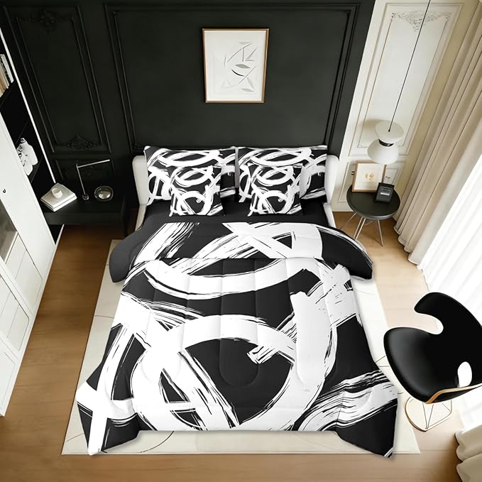 Erosebridal White Black Abstract 7 Piece Comforter Set Queen Geometric Simple Sketch Bedding Set Modern Graffiti Minimalist Line Comforter Cool Unique Fashion Sheet Set Contemporary Room Decor