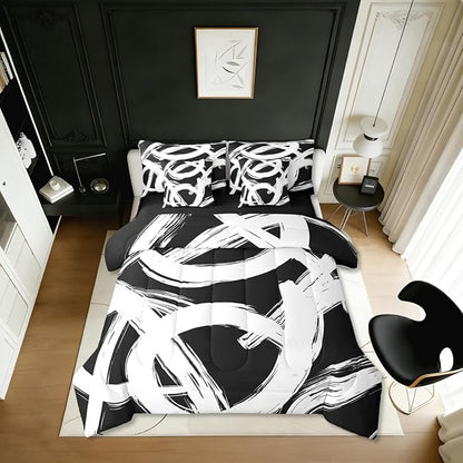 Erosebridal White Black Abstract 7 Piece Comforter Set Queen Geometric Simple Sketch Bedding Set Modern Graffiti Minimalist Line Comforter Cool Unique Fashion Sheet Set Contemporary Room Decor