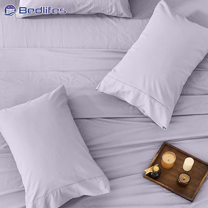 Bedlifes 100% French Pure Linen Sheets Queen Size Breathable and Cooling Flax Sheet Set Soft Durable and Moisture Wicking 16 Inch Deep Pocket-4 Piece(Queen,Lavender)