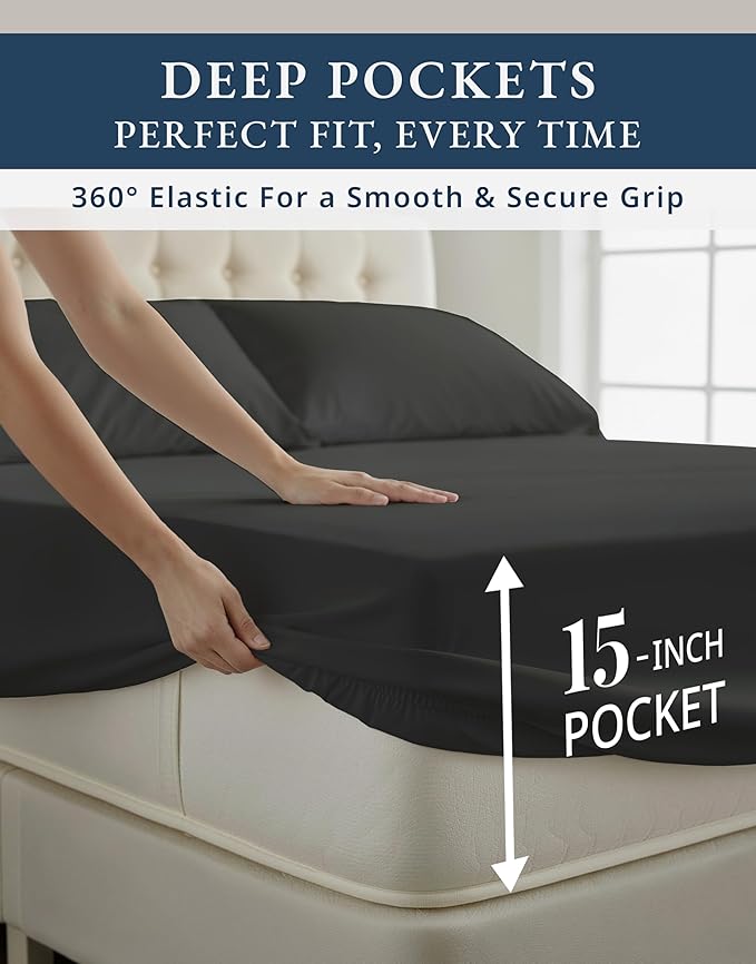 LANE LINEN 100% Egyptian Cotton Twin Sheet Set, Fully Elasticized Reinforced Seams Extra Deep Pocket Twin Sheets, No Pill Fade Resistant Cooling Bedding Sheets & Pillowcase Set - Black