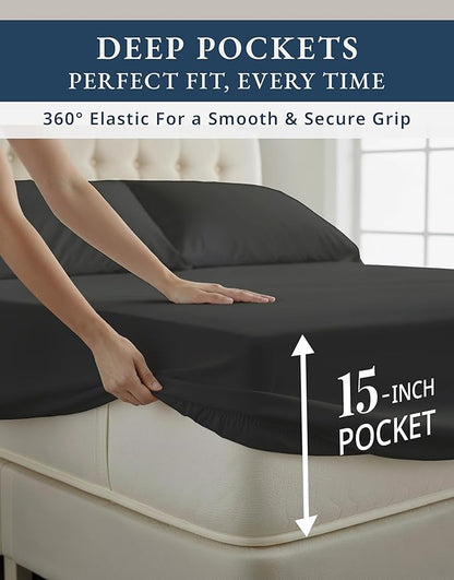 LANE LINEN 100% Egyptian Cotton Split King Bed Sheets for Adjustable Beds, Fully Elasticized Reinforced Seams Extra Deep Pocket Split King Sheet, No Pill Fade Resistant Sheets - Black