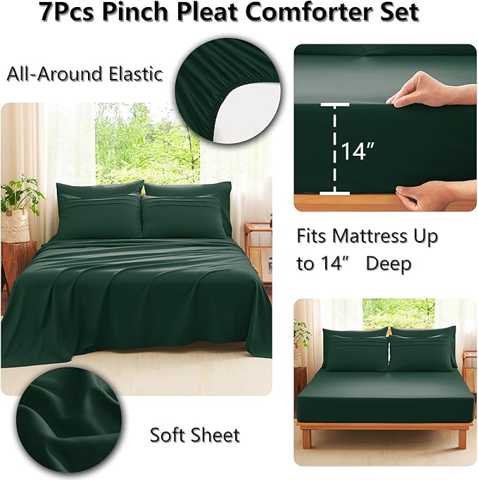 CozyLux Full Size Comforter Sets Emerald Green, 7 Pieces Soft Pinch Pleat Bed in a Bag Full Comforter Set with Sheets, Bed Set with Down Alternative Comforter, Sheets, Pillowcases & Shams