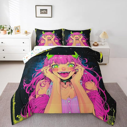 Erosebridal Anime Girl Comforter Set Twin Size, Japanese Anime Bedding Set for Kids Boys Teens Bedroom Decor, Cartoon Girl Quilt Kawaii Japanese Animation Duvet Insert with 1 Pillow Case