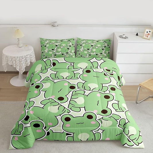 Erosebridal Kawaii Frogs Comforter Set Queen Size, Cartoon Frog Bedding Set for Kids Boys Girls Teens, Green Wild Animals Farmhouse Down Comforter, Cute Wildlife Rustic Funny 3Pcs Duvet Insert