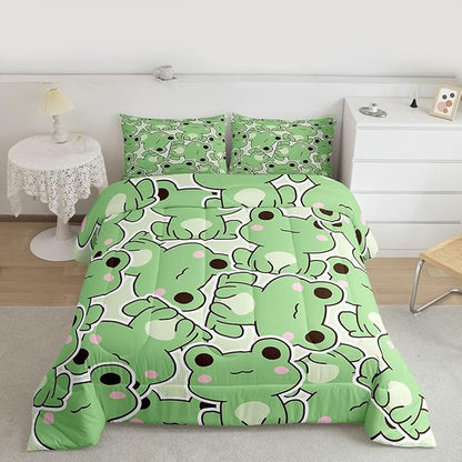 Frog Comforter Set Twin Size, Cartoon Frog Bedding Set For Kids Boys Girls Teens, Kawaii Green Wild Animals Down Comforter, Cute Wildlife Farmhouse Rustic Funny Quilt Set 1 Pillow Case Bedroom Decor