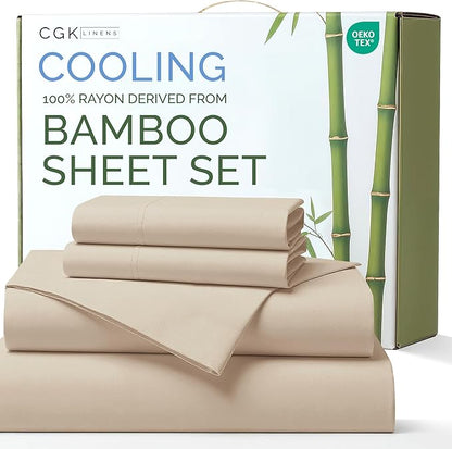 100% Rayon Derived From Bamboo - Bamboo Sheets Full Size - Cooling Sheets for Full - Ultra Soft, Breathable & Hotel Luxury Bedding - 1 Flat & 1 Fitted & 2 Pillowcases w/ 16 Inch Deep Pockets - Wheat